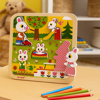 Układanka drewniana 3D Rodzina króliczków w ogrodzie - nauka czynności w ogródku, Janod