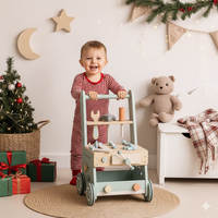 Drewniany warsztat z narzędziami 2w1 – pchacz edukacyjny dla dzieci FOREST